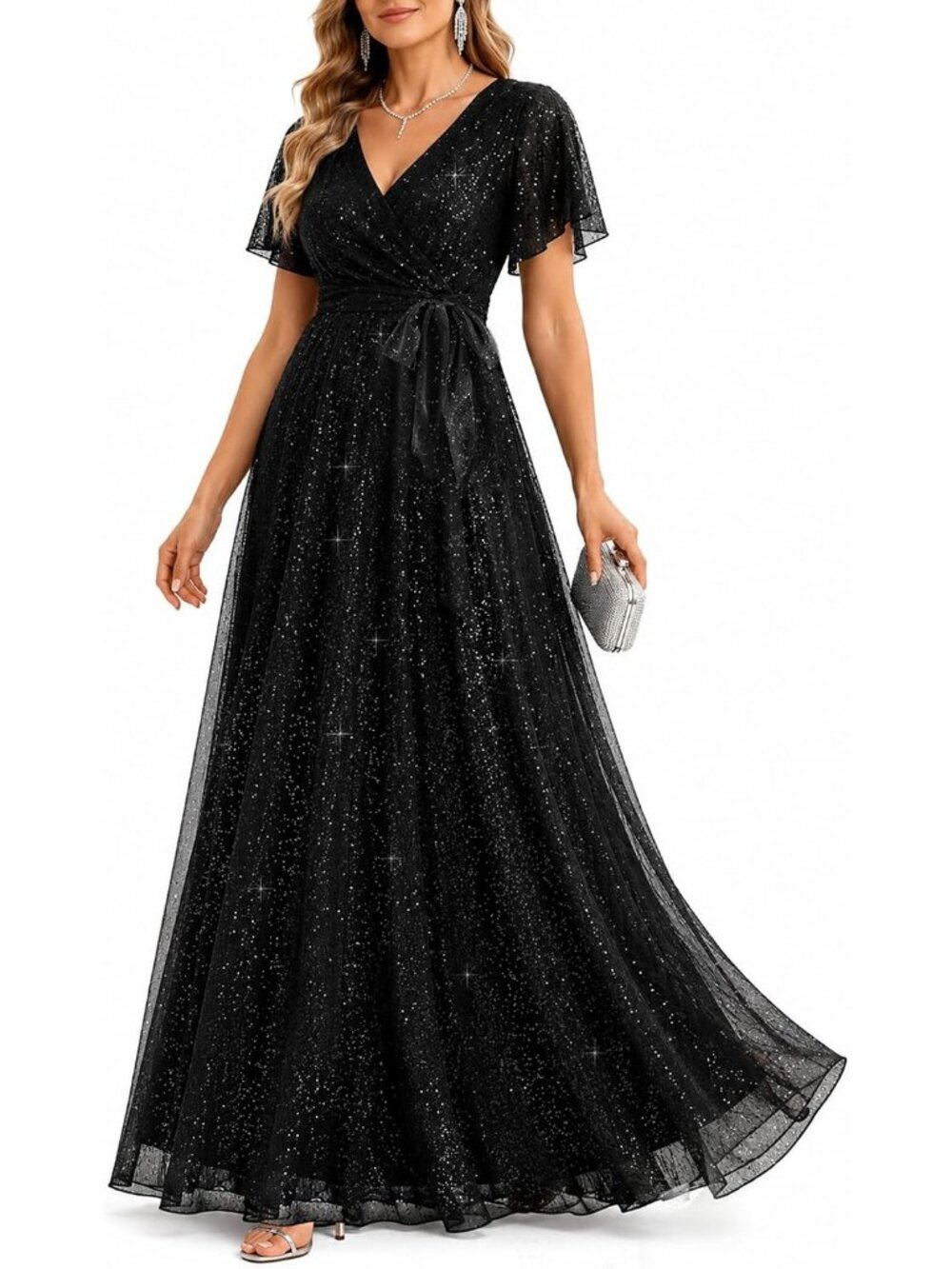 Women's Black Sparkly Sequin Fabric  Sparkly Formal Gown Gala Prom Long Dress